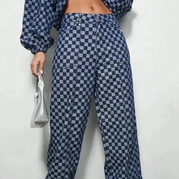 Blue Casual Women's Wide Leg Carpenter Checkboard Jeans - Picture 2 of 4